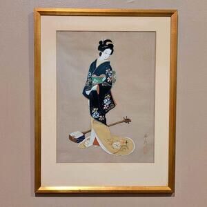 Vintage Japanese Geisha Print Signed Framed Silk Art Kimono Shamisen